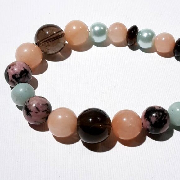 Faceted Teardrop Smokey Quartz Necklace Rhodonite Faux Pearls Silver - Picture 5 of 7